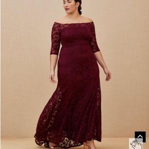 Torrid Special Occasion Burgundy Red Lace Off Shoulder Maxi Dress Size 10